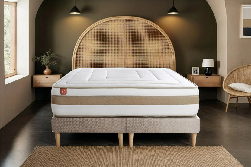 Pack lit complet 200x200 cm - Matelas + 2 Sommiers Beiges + 2 oreillers + Couette - Le Raffiné