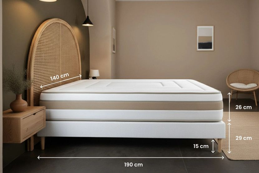 Pack lit complet 140x190 cm - Matelas + Sommier Blanc + 2 oreillers + Couette - Le Raffiné