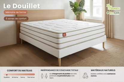 Pack lit complet 140x200 cm - Matelas + Sommier Beige (en kit) + 2 oreillers + Couette - Le Douillet