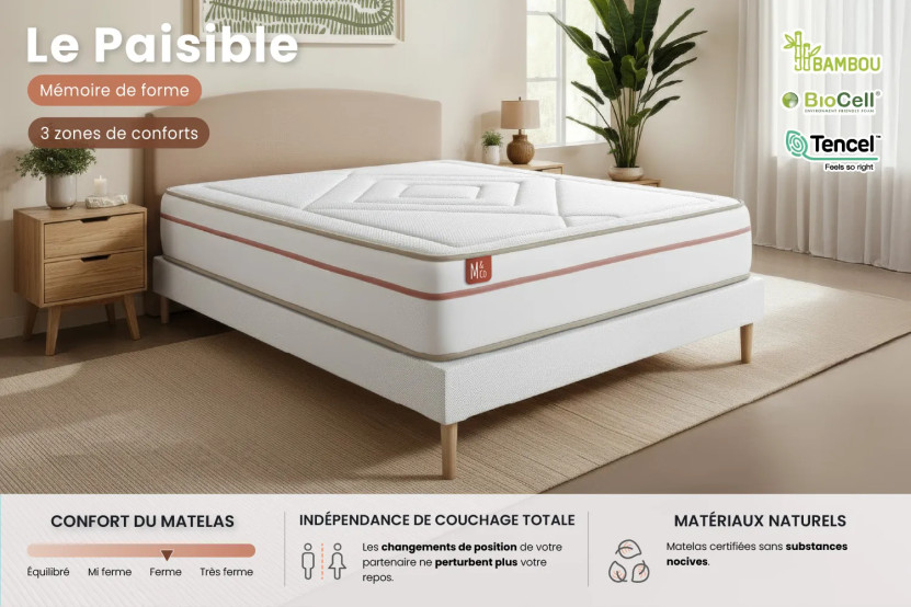 Pack lit complet 140x190 cm - Matelas + Sommier Beige + 2 oreillers + Couette - Le Paisible