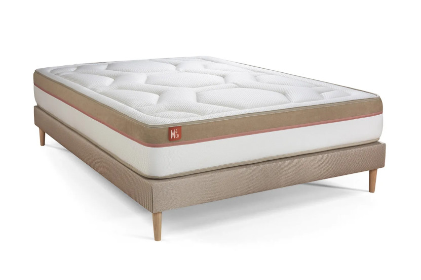 Pack lit complet 200x200 cm - Matelas + Sommier Beige (en kit) + 2 oreillers + Couette - Le Cosy