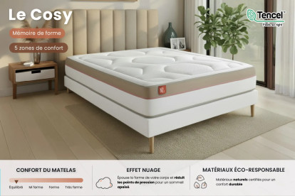 Pack lit complet 140x200 cm - Matelas + Sommier Blanc + 2 oreillers + Couette - Le Cosy