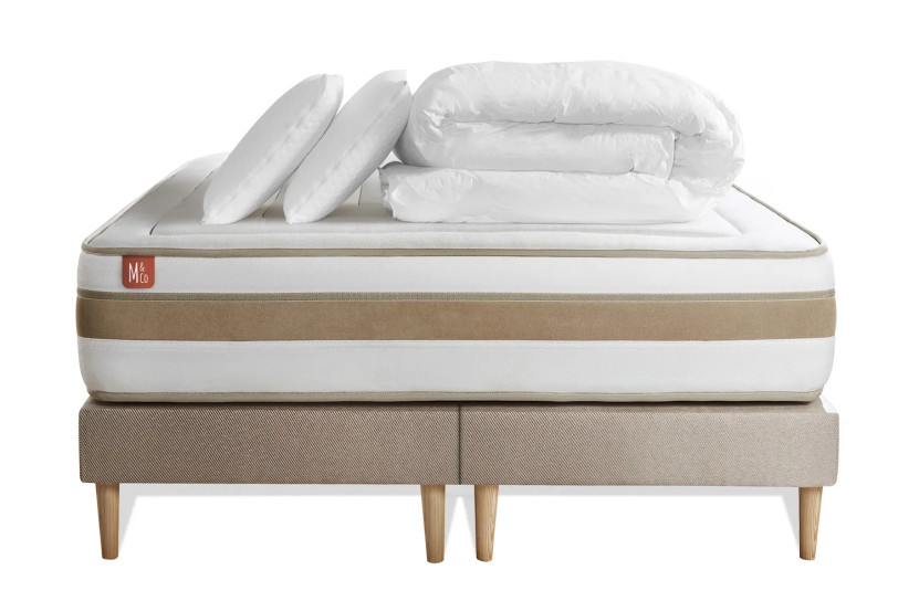Pack lit complet 180x200 cm - Matelas + 2 Sommiers Beiges + 2 oreillers + Couette - Le Raffiné