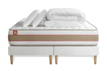 Pack lit complet 200x200 cm - Matelas + 2 Sommiers Blancs + 2 oreillers + Couette - Le Délicat