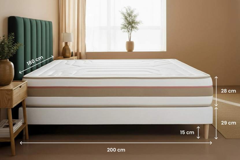 Pack lit complet 180x200 cm - Matelas + Sommier Beige (en kit) + 2 oreillers + Couette - Le Tendre