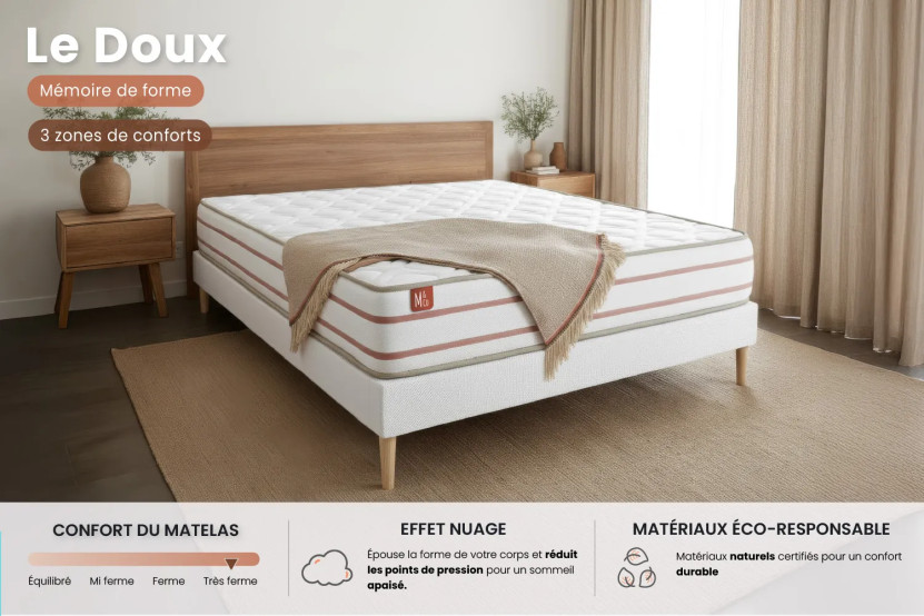 Pack lit complet 180x200 cm - Matelas + Sommier Beige (en kit) + 2 oreillers + Couette - Le Doux