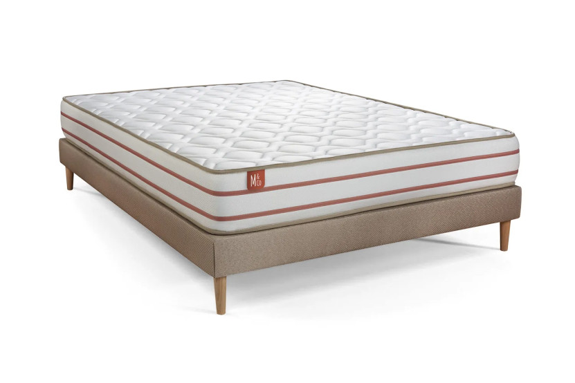 Pack lit complet 200x200 cm - Matelas + Sommier Beige (en kit) + 2 oreillers + Couette - Le Doux