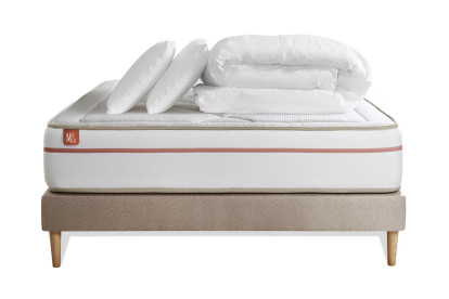 Pack lit complet 140x200 cm - Matelas + Sommier Beige + 2 oreillers + Couette - Le Paisible