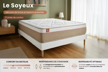 Pack lit complet 140x190 cm - Matelas + Sommier Blanc + 2 oreillers + Couette - Le Soyeux