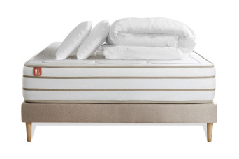 Pack lit complet 160x200 cm - Matelas + Sommier Beige (en kit) + 2 oreillers + Couette - Le Douillet