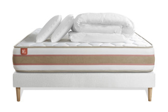 Pack lit complet 140x200 cm - Matelas + Sommier Blanc + 2 oreillers + Couette - Le Délicat