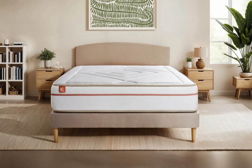 Pack lit complet 140x190 cm - Matelas + Sommier Beige (en kit) + 2 oreillers + Couette - Le Paisible