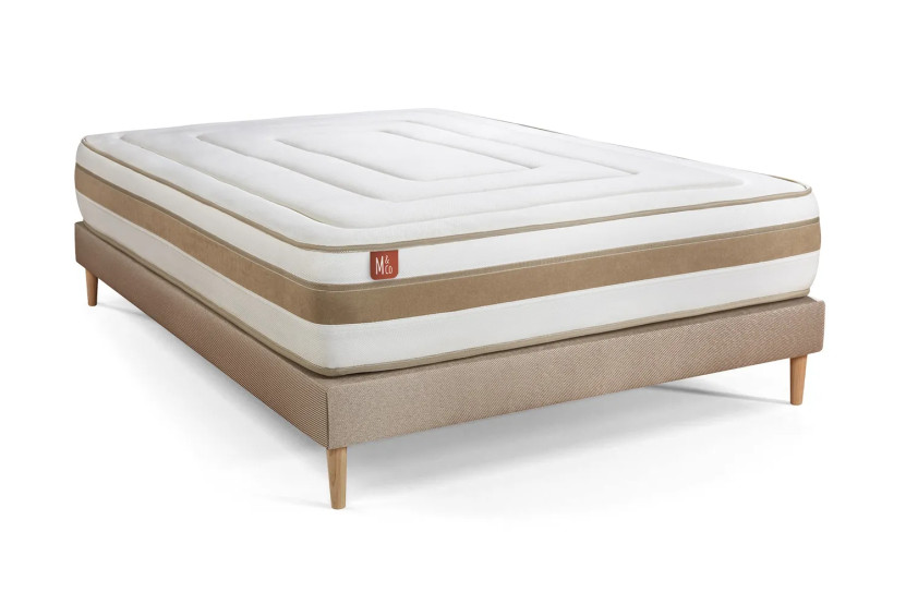 Pack lit complet 160x200 cm - Matelas + Sommier Beige + 2 oreillers + Couette - Le Raffiné