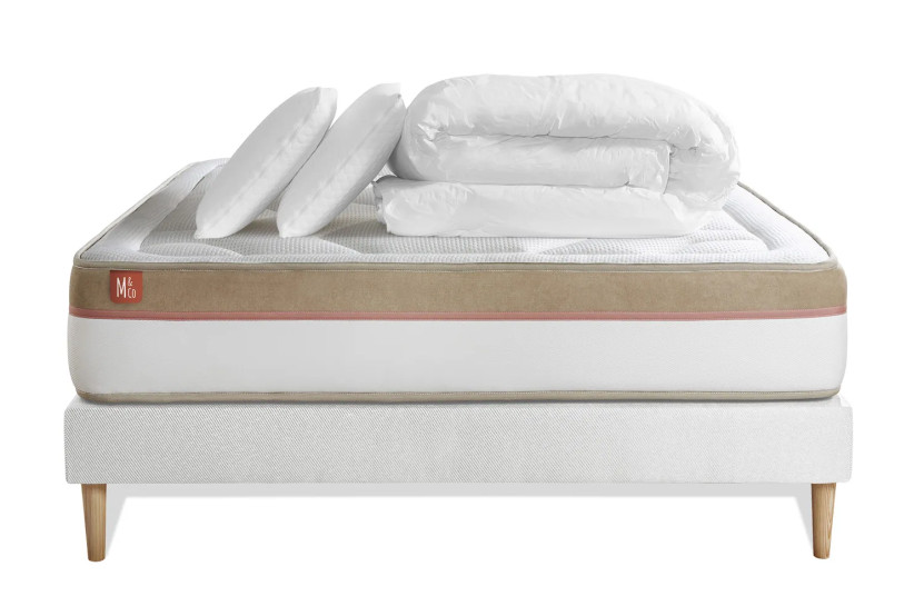 Pack lit complet 180x200 cm - Matelas + Sommier Blanc (en kit) + 2 oreillers + Couette - Le Cosy