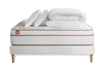 Pack lit complet 140x200 cm - Matelas + Sommier Blanc (en kit) + 2 oreillers + Couette - Le Paisible