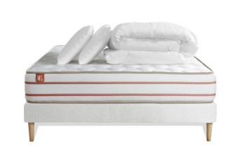 Pack lit complet 160x200 cm - Matelas + Sommier Blanc + 2 oreillers + Couette - Le Doux