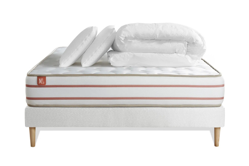 Pack lit complet 160x200 cm - Matelas + Sommier Blanc + 2 oreillers + Couette - Le Doux