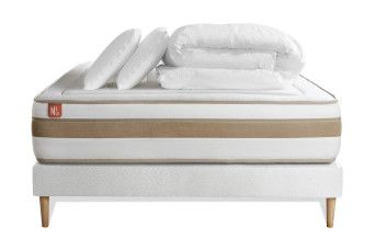 Pack lit complet 140x200 cm - Matelas + Sommier Blanc + 2 oreillers + Couette - Le Raffiné