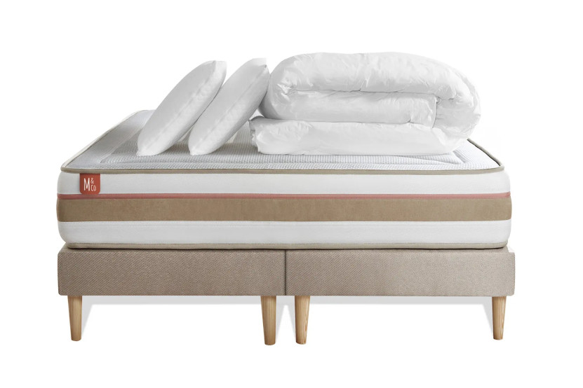 Pack lit complet 200x200 cm - Matelas + 2 Sommiers Beiges + 2 oreillers + Couette - Le Tendre
