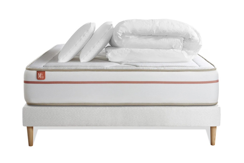 Pack lit complet 200x200 cm - Matelas + Sommier Blanc (en kit) + 2 oreillers + Couette - Le Paisible