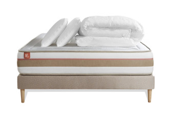 Pack lit complet 180x200 cm - Matelas + Sommier Beige (en kit) + 2 oreillers + Couette - Le Tendre