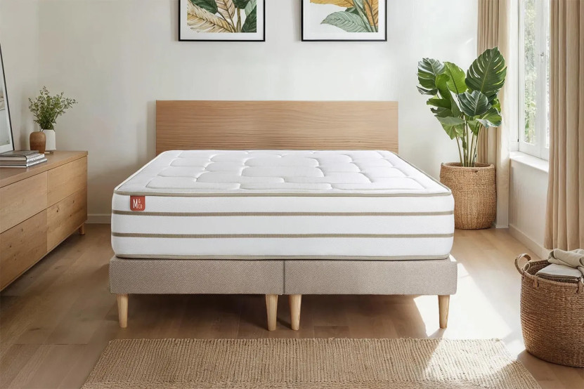 Pack lit complet 160x200 cm - Matelas + 2 Sommiers Beiges + 2 oreillers + Couette - Le Douillet