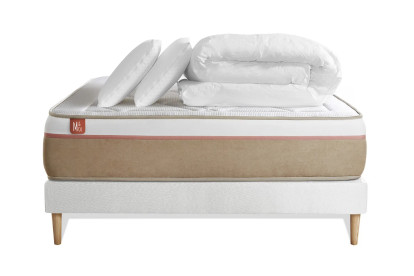 Pack lit complet 140x200 cm - Matelas + Sommier Blanc (en kit) + 2 oreillers + Couette - Le Soyeux