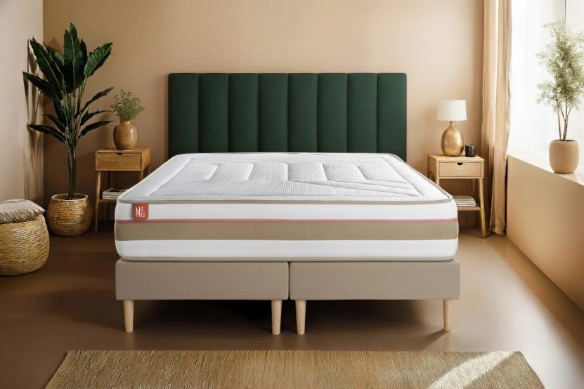Pack lit complet 200x200 cm - Matelas + 2 Sommiers Beiges + 2 oreillers + Couette - Le Tendre