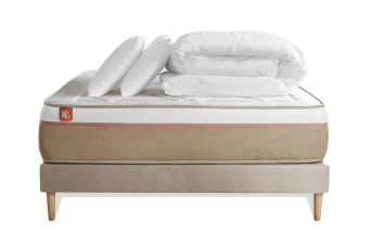 Pack lit complet 140x190 cm - Matelas + Sommier Beige + 2 oreillers + Couette - Le Soyeux