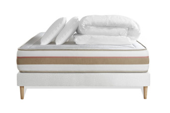 Pack lit complet 140x190 cm - Matelas + Sommier Blanc + 2 oreillers + Couette - Le Tendre