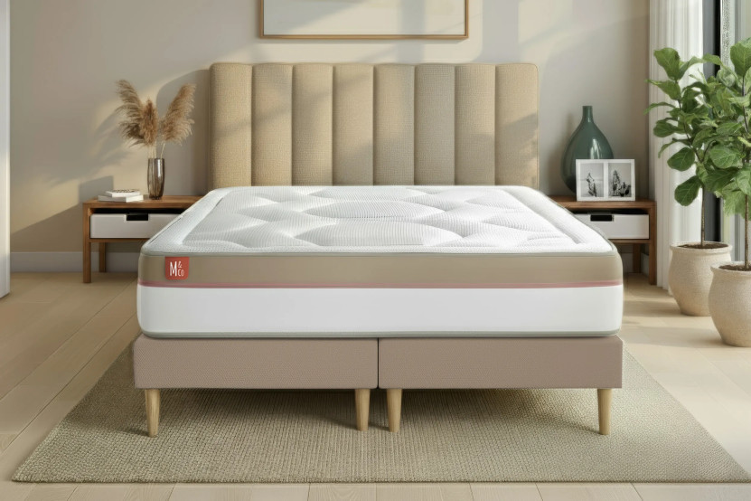 Pack lit complet 160x200 cm - Matelas + 2 Sommiers Beiges + 2 oreillers + Couette - Le Cosy