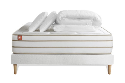 Pack lit complet 180x200 cm - Matelas + Sommier Blanc (en kit) + 2 oreillers + Couette - Le Douillet