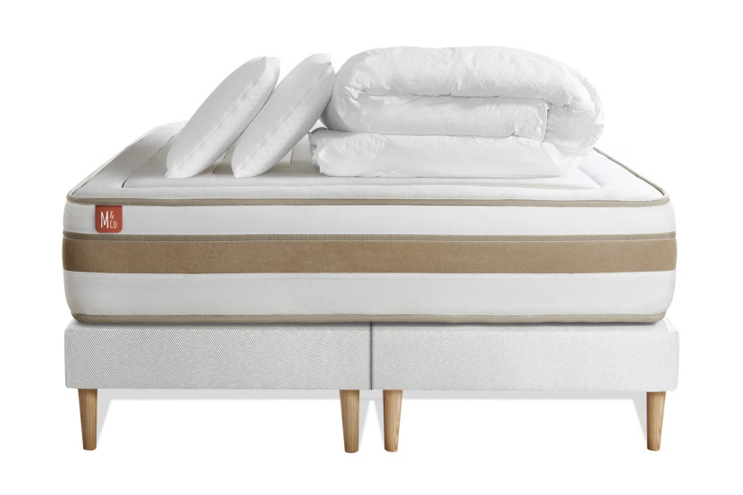 Pack lit complet 200x200 cm - Matelas + 2 Sommiers Blancs + 2 oreillers + Couette - Le Raffiné
