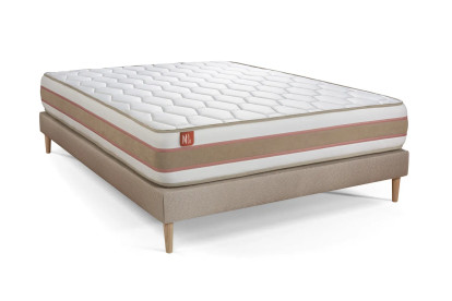 Pack lit complet 200x200 cm - Matelas + Sommier Beige (en kit) + 2 oreillers + Couette - Le Délicat