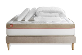 Pack lit complet 140x200 cm - Matelas + Sommier Beige (en kit) + 2 oreillers + Couette - Le Cosy