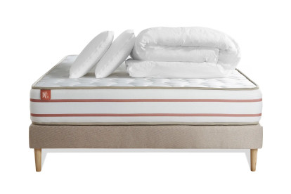 Pack lit complet 200x200 cm - Matelas + Sommier Beige (en kit) + 2 oreillers + Couette - Le Doux