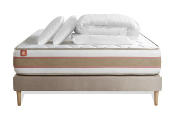 Pack lit complet 140x200 cm - Matelas + Sommier Beige + 2 oreillers + Couette - Le Délicat