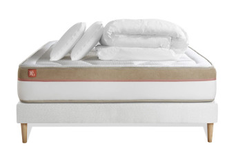 Pack lit complet 140x200 cm - Matelas + Sommier Blanc (en kit) + 2 oreillers + Couette - Le Cosy